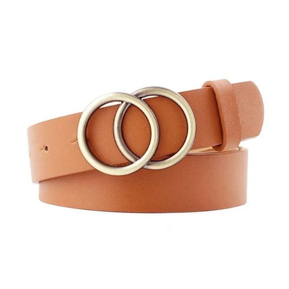 Belt Classic Faux Leather Camel Tan Interlocking Circular Metal Buckle 5 Star